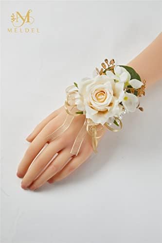 Meldel Artificial Champagne Rose Wrist Corsage Set of 6