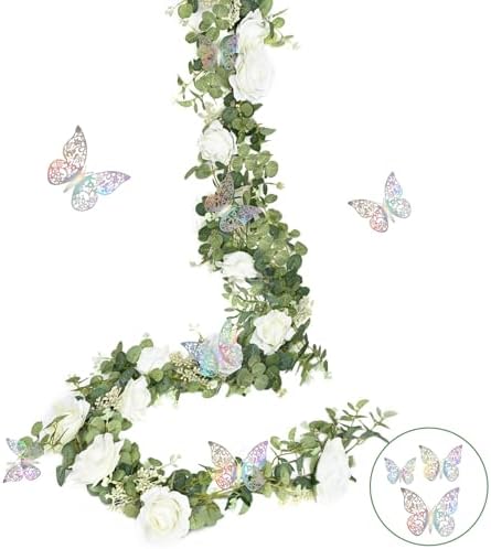 Yastouay 66 Ft White Flower Garland with 3D Butterflies