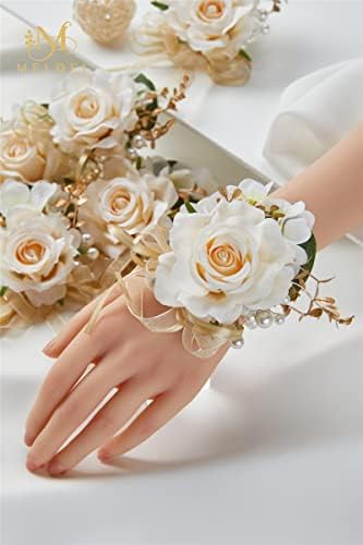 Meldel Artificial Champagne Rose Wrist Corsage Set of 6