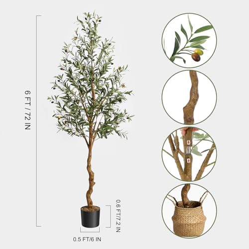 GAOMON 6FT Artificial Olive Tree with Basket and Lifelike Fruits