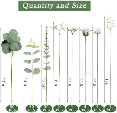 110 Pcs 7 Kinds Mixed Artificial Eucalyptus Stems and Flowers