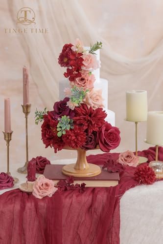 TINGE TIME Burgundy Silk Roses and Dahlias Artificial Flower Set