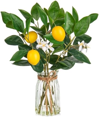 Oairse Artificial Lemon Stems in Glass Vase