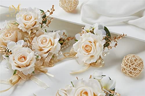 Meldel Artificial Champagne Rose Wrist Corsage Set of 6