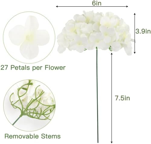 JPSOR 40pcs Artificial Hydrangea Flower Heads with Stems White