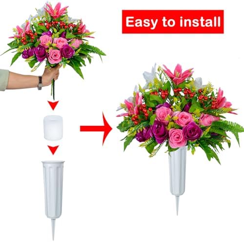 XONOR Artificial Cemetery Flowers with Vase Set of 2