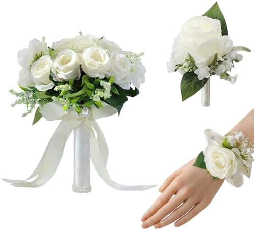 Meldel Ivory Wedding Bouquets Set with Corsage and Boutonniere