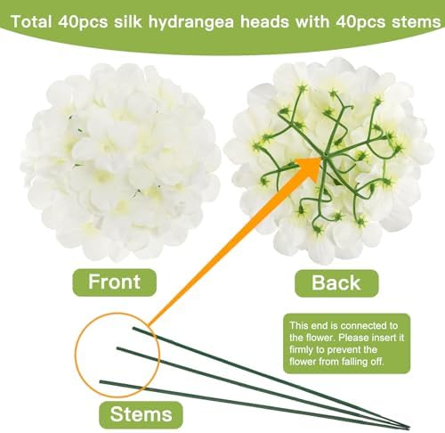JPSOR 40pcs Artificial Hydrangea Flower Heads with Stems White