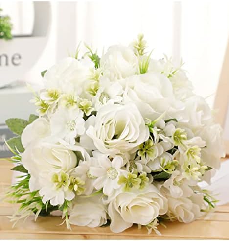 CYANLUX Artificial Wedding Bouquet with Roses and Pearls White