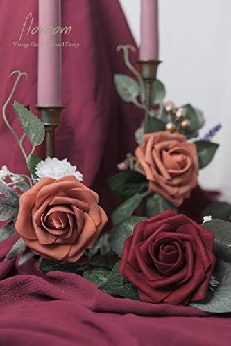 Floroom Artificial Flowers 25pcs Real-Looking Burgundy Foam Fake Roses with Stems
