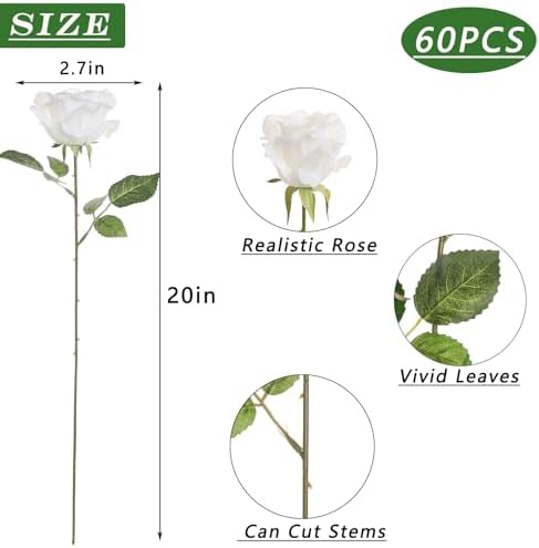 YXZZWL 60 Pcs Artificial Roses White Realistic