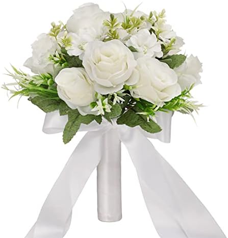 CYANLUX Artificial Wedding Bouquet with Roses and Pearls White