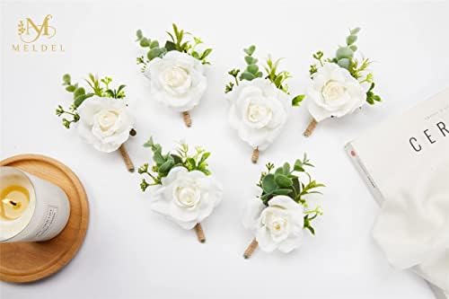 Meldel Ivory Rose Boutonniere Set of 6 for Men 1