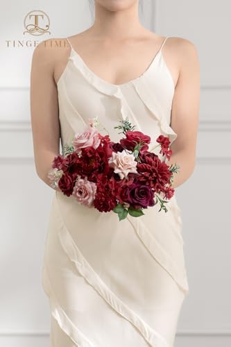 TINGE TIME Burgundy Silk Roses and Dahlias Artificial Flower Set