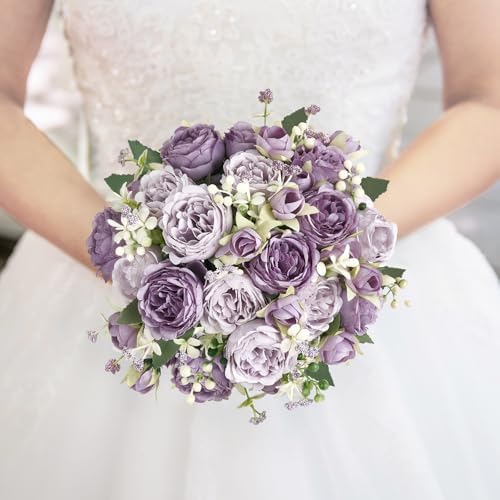 Mkono Peonies Artificial Flowers Purple Indoor Fake Bouquet