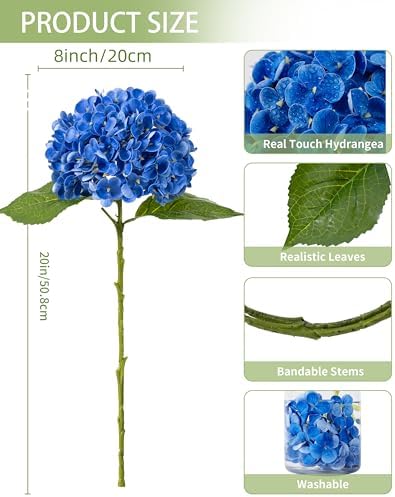 DuHouse 3Pcs Real Touch Hydrangea Artificial Flowers in Royal Blue