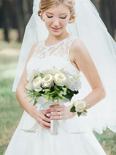 Meldel Ivory Wedding Bouquets Set with Corsage and Boutonniere