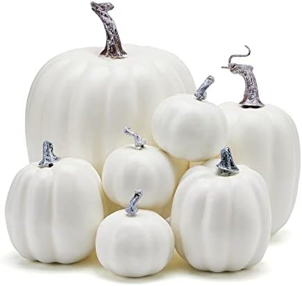 7Pcs Artificial White Pumpkins Halloween Decoration Set