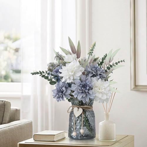 8 Blue and White Artificial Dahlias in Vase with Holder