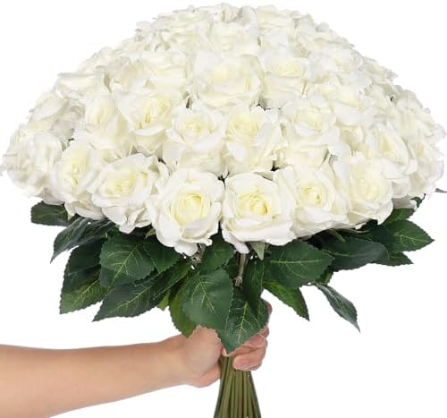 YXZZWL 60 Pcs Artificial Roses White Realistic
