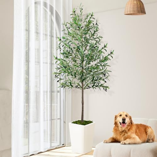 7ft Artificial Olive Tree with Realistic Fruits and Natural Wood Trunk
