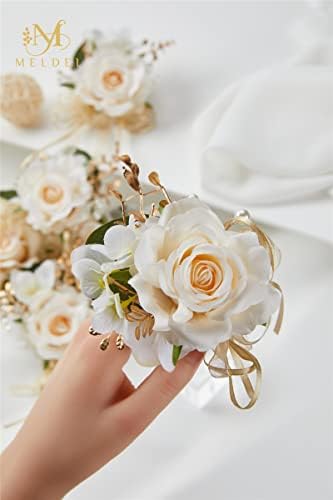 Meldel Artificial Champagne Rose Wrist Corsage Set of 6