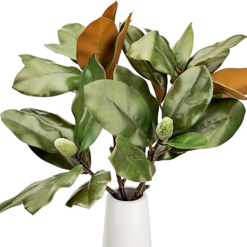 2 Pcs Magnolia Artificial Leaves Branches with Fruit 32 Inch 3D Real Touch