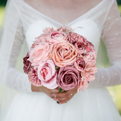 Dusty Pink Artificial Roses with Stems Bouquet Set