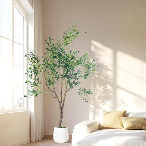 Faux Olive Tree 6FT Tall with White Planter and Lifelike Fruits