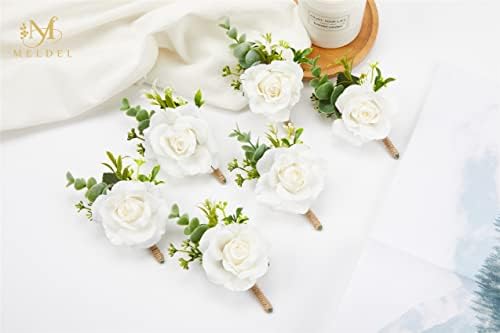 Meldel Ivory Rose Boutonniere Set of 6 for Men 1