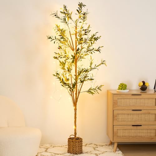 6ft Artificial Olive Tree with LED Lights and Woven Basket
