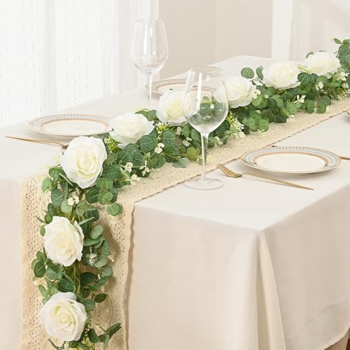 Dolicer Artificial Eucalyptus Garland with Flowers 2Pcs 13Ft White