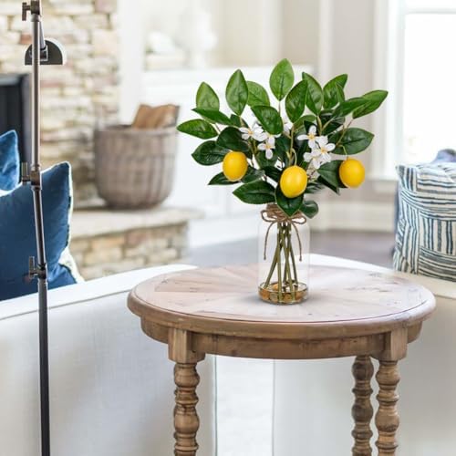 Oairse Artificial Lemon Stems in Glass Vase with Faux Water