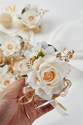Meldel Artificial Champagne Rose Wrist Corsage Set of 6