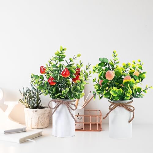 Artificial Fruit Tree with Pot 2Pcs Fake Bonsai Greenery Decor