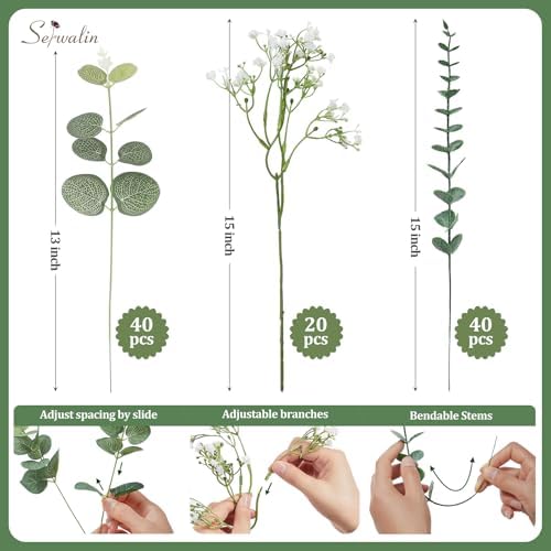 Serwalin 100 Pcs Mixed Artificial Eucalyptus Stems and Flowers