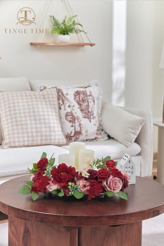 TINGE TIME Burgundy Silk Roses and Dahlias Artificial Flower Set