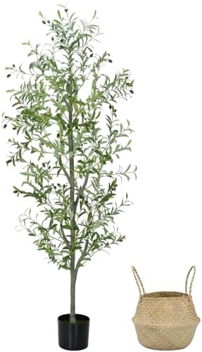 Liyarya 6FT Artificial Olive Tree with Wicker Basket and Black Pot