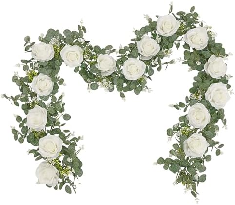 Dolicer Artificial Eucalyptus Garland with Flowers 2Pcs 13Ft White