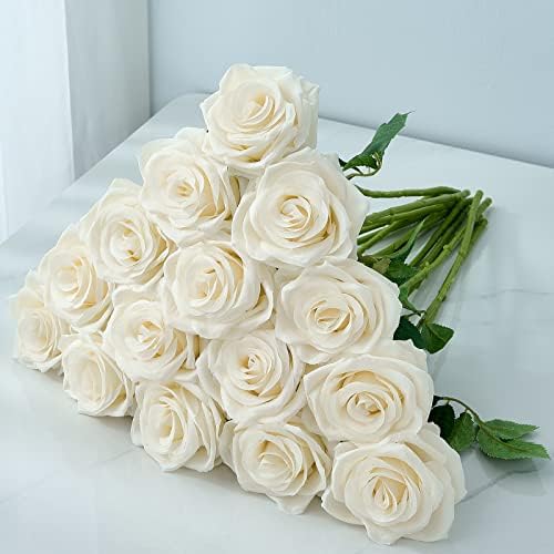 15PCS Ivory Roses Artificial Flowers for Wedding Decorations