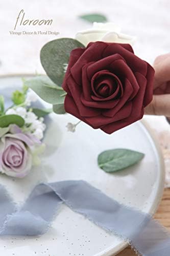 Floroom Artificial Flowers 25pcs Real-Looking Burgundy Foam Fake Roses with Stems