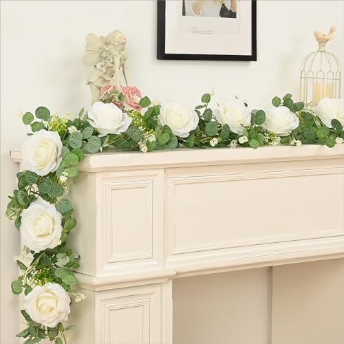 Dolicer Artificial Eucalyptus Garland with Flowers 2Pcs 13Ft White