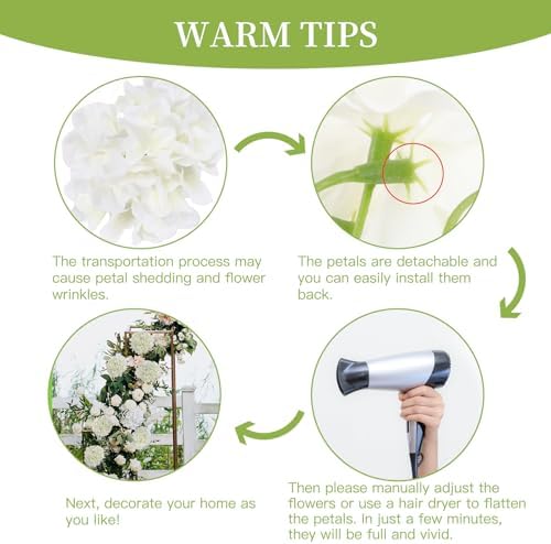 JPSOR 40pcs Artificial Hydrangea Flower Heads with Stems White