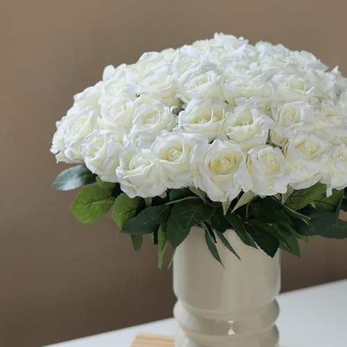 YXZZWL 60 Pcs Artificial Roses White Realistic