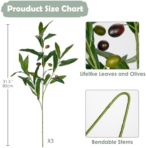 Briful 3Pack Artificial Olive Branches for Vase