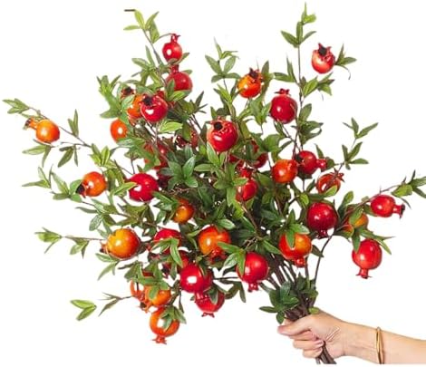 3 Pcs Artificial Pomegranate Branches with Red Berries and Green Leaves