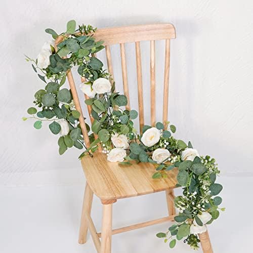 TOCHGREEN Artificial Eucalyptus Garland with White Roses 2 Pack