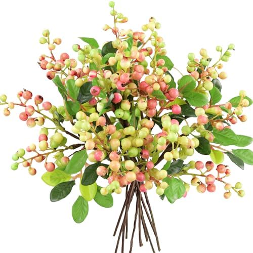 FiveSeasonStuff Artificial Berry Branches with Bendable Stems 10 Pieces Subtle Pink