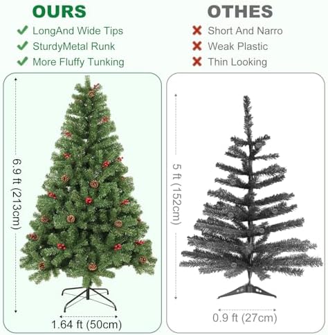 7FT Artificial Christmas Tree with Pine Cone and Red Fruit Foldable Metal Stand