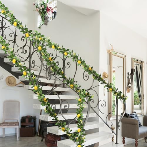 DULRLLY 66 Ft Artificial Lemon Garland with Yellow Fake Lemons and Flowers